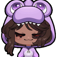 a cartoon drawing of a girl wearing a purple frog hat