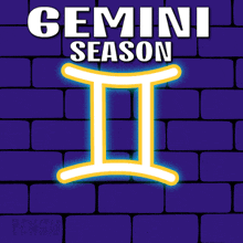 two penguins are facing each other in front of a sign that says gemini season ii
