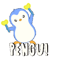 a penguin is holding two hearts and the word pengu is below it