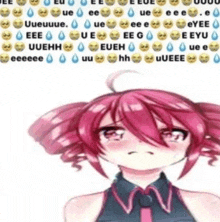 a pink haired anime girl is crying with a bunch of smiley faces around her .