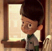 a cartoon boy is standing in front of a window .