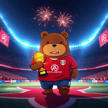 a teddy bear wearing a red avalanche jersey holds a trophy