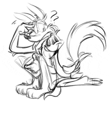 a black and white drawing of a rooster with a question mark on his head .