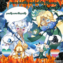 a picture of a cartoon character with a speech bubble that says pure vanilla and white lily say purely sucks