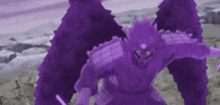 a purple monster with wings and a sword is standing in a field .