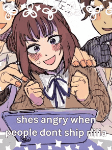 a drawing of a girl with a caption that says she 's angry when people dont ship nilia