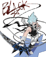a drawing of a person holding a sword with the word black written above him