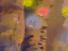 a cartoon drawing of a girl in a pink dress flying through the air