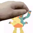 a pixel art of a person holding a cartoon character on their head .