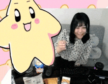 a girl is sitting at a desk with a cartoon star in the background