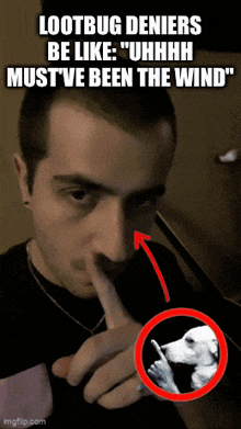 a man holds his finger to his lips with a picture of a dog in the corner