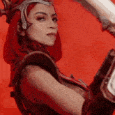 a woman with red hair is holding a sword in her hand