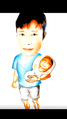 a caricature of a man holding a baby with his face on it