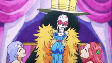 a cartoon of a skeleton wearing a crown surrounded by two little girls