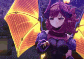 a girl with horns and wings is wearing a purple and black outfit