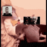 a man and a cat are having a video call on their phone