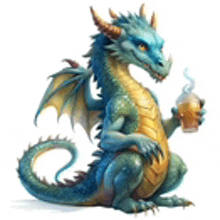 a blue and yellow dragon is sitting down and holding a cup of coffee .