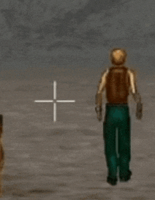 a man in a brown vest and green pants is standing in front of a cross .