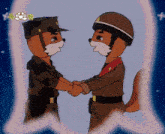 a cartoon of two soldiers shaking hands with chinese writing on the bottom left