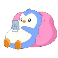 a cartoon penguin is sitting on a pink pillow looking at a cell phone