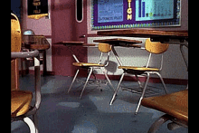 a classroom with desks and chairs and a sign that says tiger