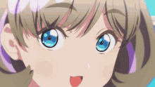 a close up of a anime girl 's face with blue eyes