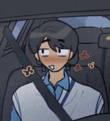 a boy in a car with a seat belt on