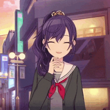 a girl with purple hair and a red bow is smiling in front of a building