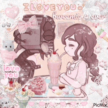 a picture of a girl drinking a milkshake with the words " i love you " on the top
