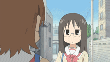 a cartoon of a girl with glasses standing next to a boy