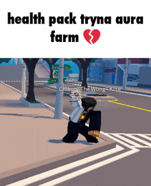 a screenshot of a video game with the words health pack tryna aura farm at the top
