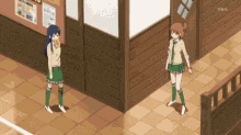 two girls are standing next to each other in a hallway in an anime scene