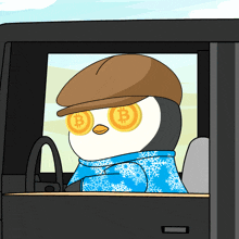 a penguin wearing a hat and scarf has a pair of gold coins in its eyes