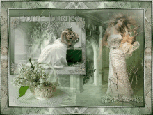a picture of a woman in a white dress with the words bonne journee written on it