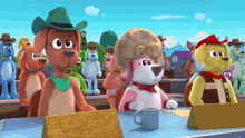 a group of cartoon dogs are sitting around a table