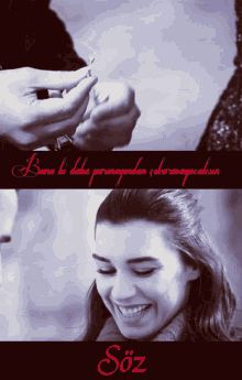 a black and white photo of a man putting a ring on a woman 's finger with the words " söz " below it