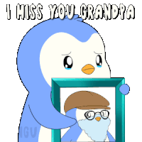 a penguin is holding a picture of an older man with glasses and a hat
