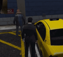 a man standing next to a taxi with a no parking sign in the background