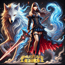 a woman holding a sword with a wolf behind her and the words museum bola