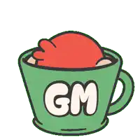 a green cup with gm written on the side