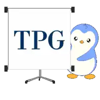 a penguin is standing next to a white board that says tpg on it