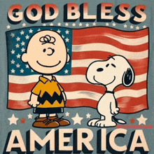 a poster of charlie brown and snoopy with the words god bless america on it