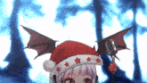 a cartoon character wearing a santa hat and wings holds a microphone