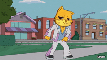 a cartoon of a cat standing in front of a row of houses with $sugr written on the bottom right