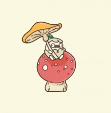 a frog is sitting on a mushroom with an umbrella on top of it