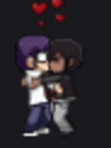 a pixel art of two people kissing with hearts coming out of their mouths .