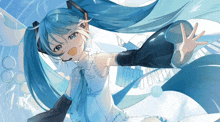 a blue haired anime girl with a microphone on her ear