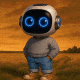 a cartoon character wearing a helmet and headphones stands in a field with his hands in his pockets