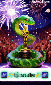 a picture of a snake holding an oscar statue with fireworks in the background