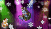 a purple curtain with snowflakes and a painting of a woman and a snake